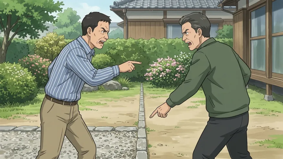 庭の境界線をめぐって激しく言い争う二人の隣人