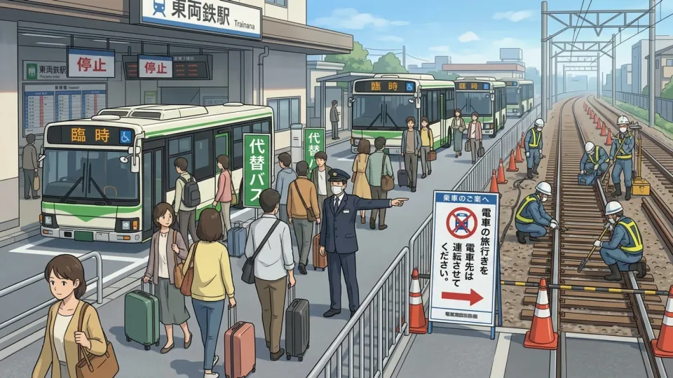 線路補修による列車運行の中断で代替バスへ移動する乗客