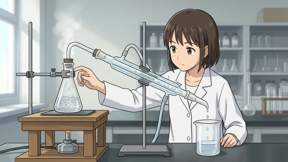 実験器具による蒸留プロセスのイラスト