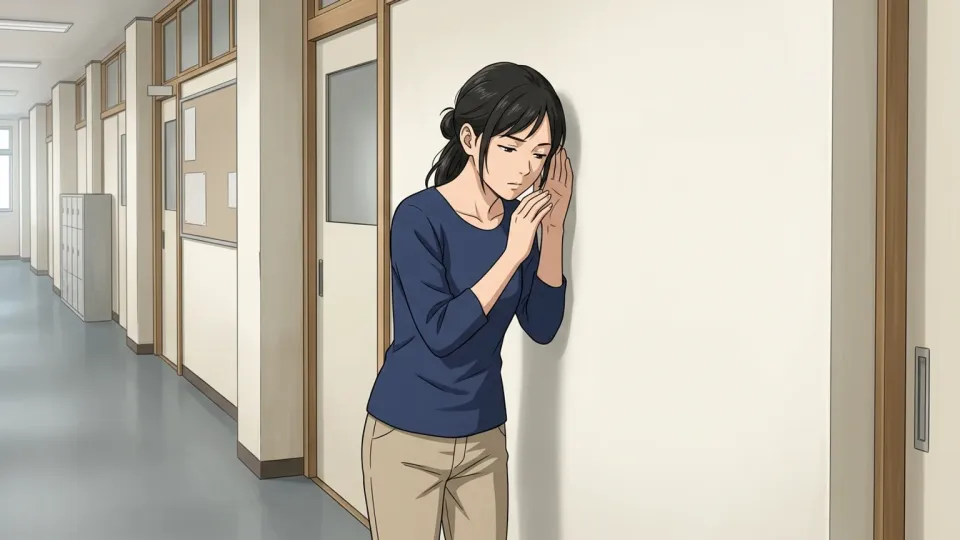 廊下で足音に耳を傾ける女性