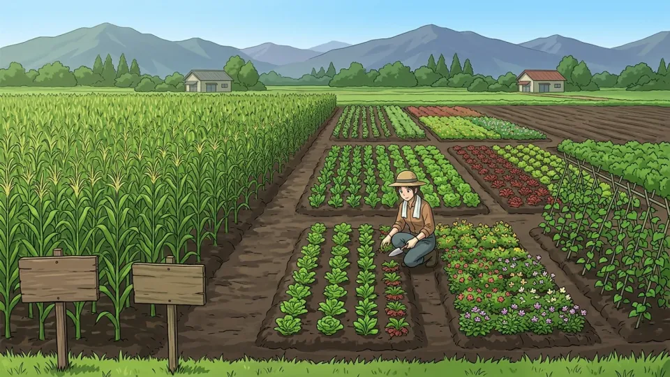 一種類の作物だけだった農地が、異なる複数の作物を育てる区画へ変化する場面