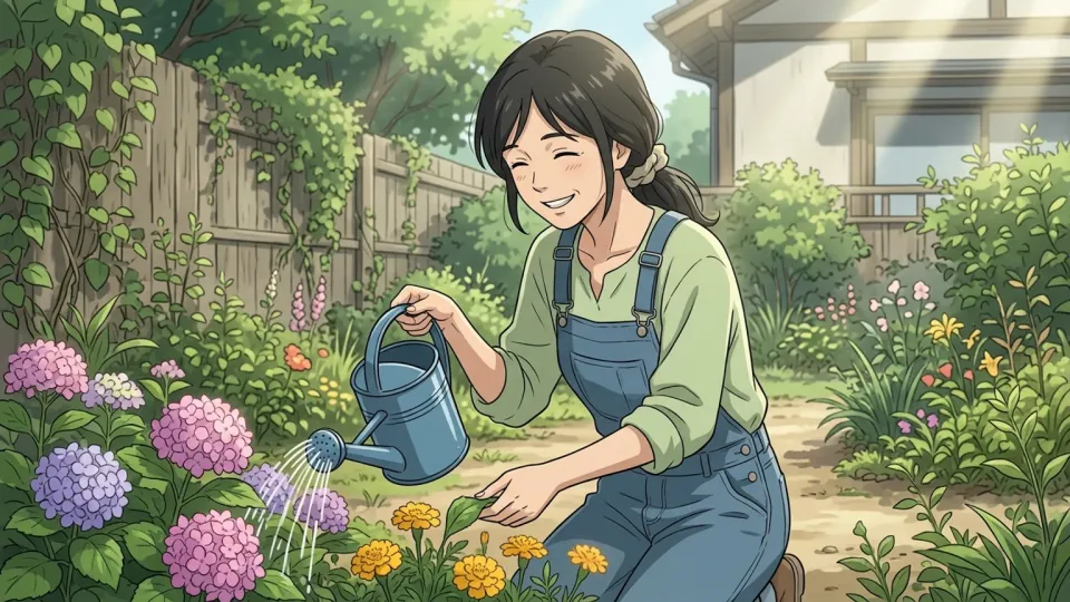 庭で花の手入れをする女性のイラスト