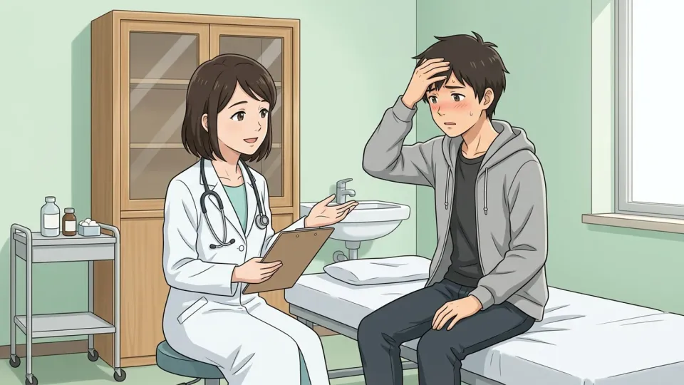 診察室で患者と話す医師。