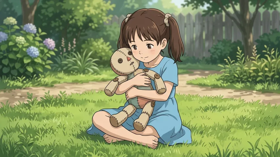 庭で人形と遊ぶ女の子