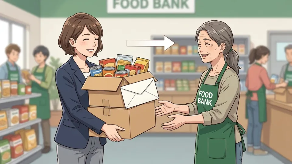会社の担当者がフードバンクへ食料品と寄付金を手渡している様子