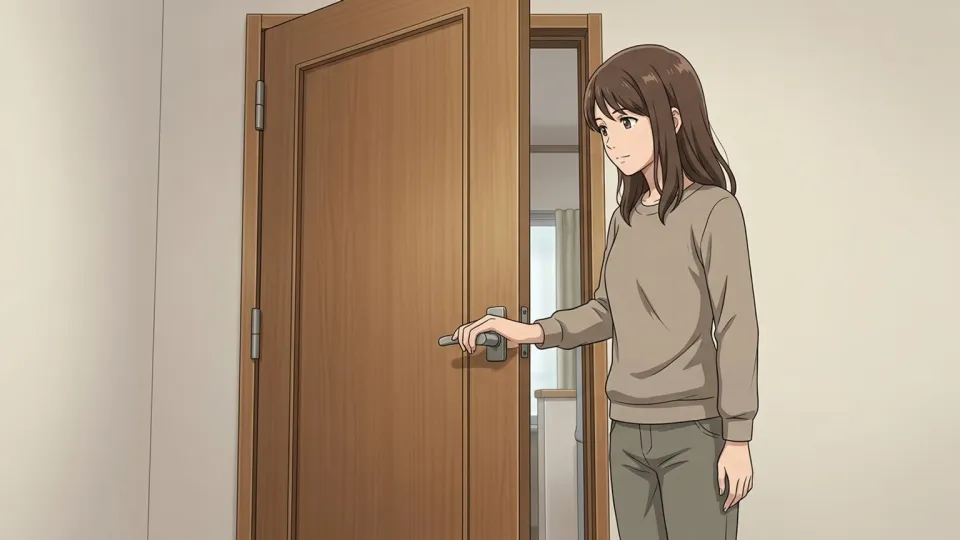 女性が木製の扉を開けている様子