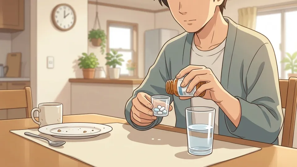 朝食後に薬を1回分服用しようとする人