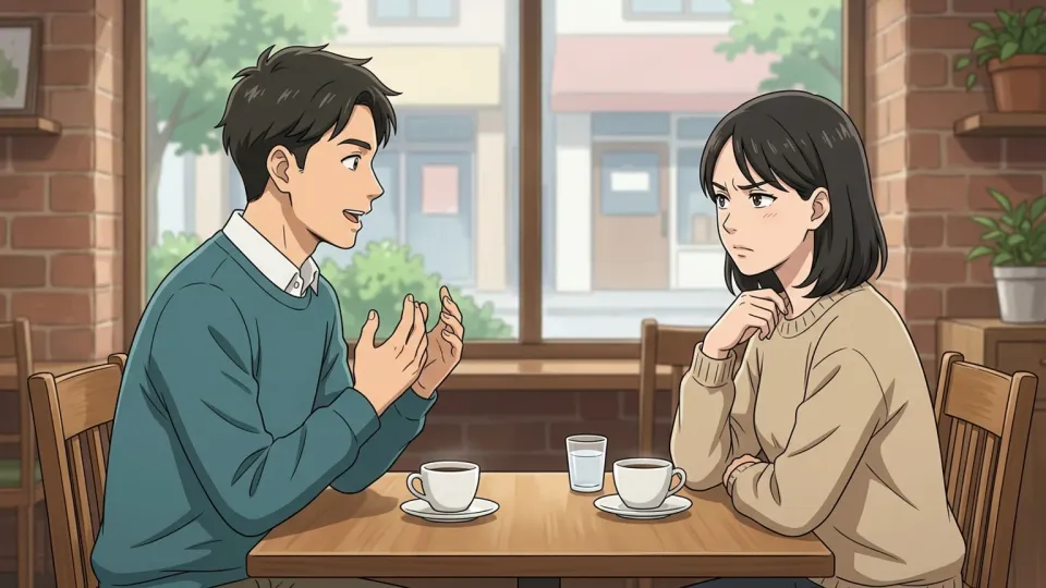 彼の話に少し疑いを持つ女性