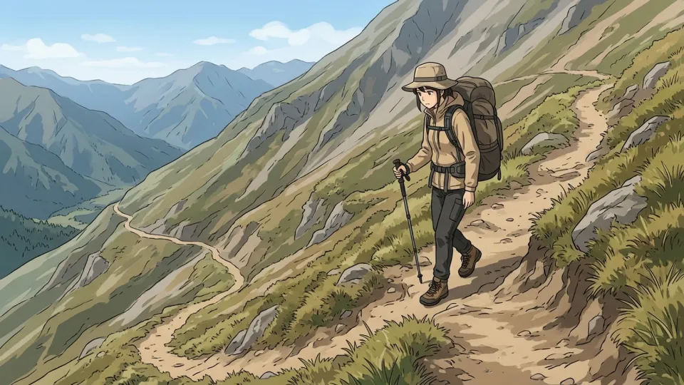 山腹の下り坂の道を進むハイカー