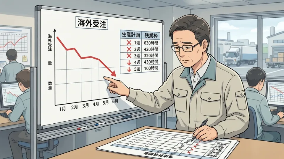 海外需要の低迷を受けて残業計画を減らす工場管理者