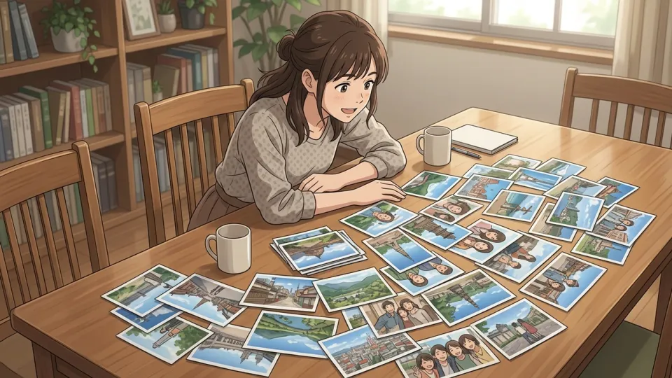女性の周りに大量の写真が並べられている様子