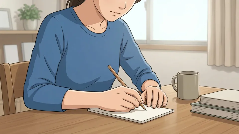 机の上の紙に鉛筆で文字を書いている手元
