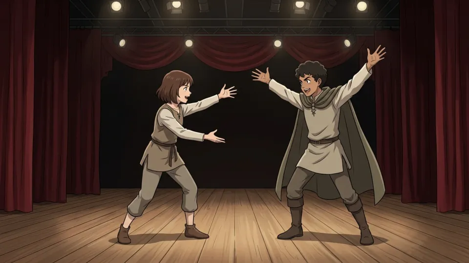舞台で演劇を上演する生徒たち