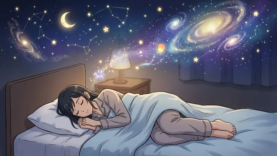 眠る人物の頭上に幻想的な夜空が広がる様子