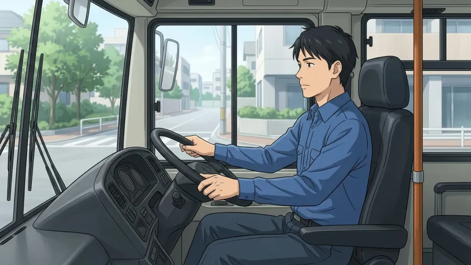 バスを駅で停車させる運転手