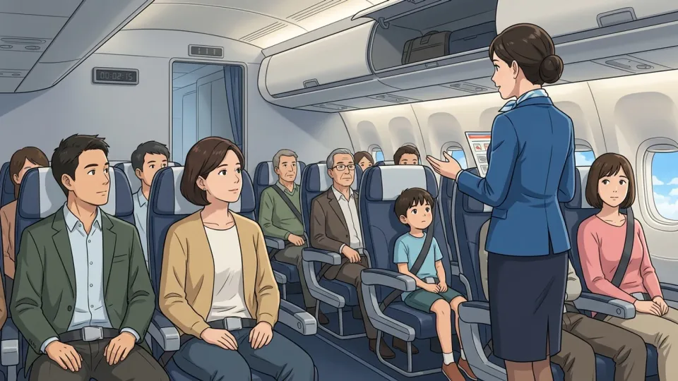 安全説明の間、着席している航空機の乗客
