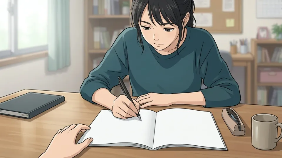 机に向かい、熱心にノートを書いて学習に集中している人物のイラスト