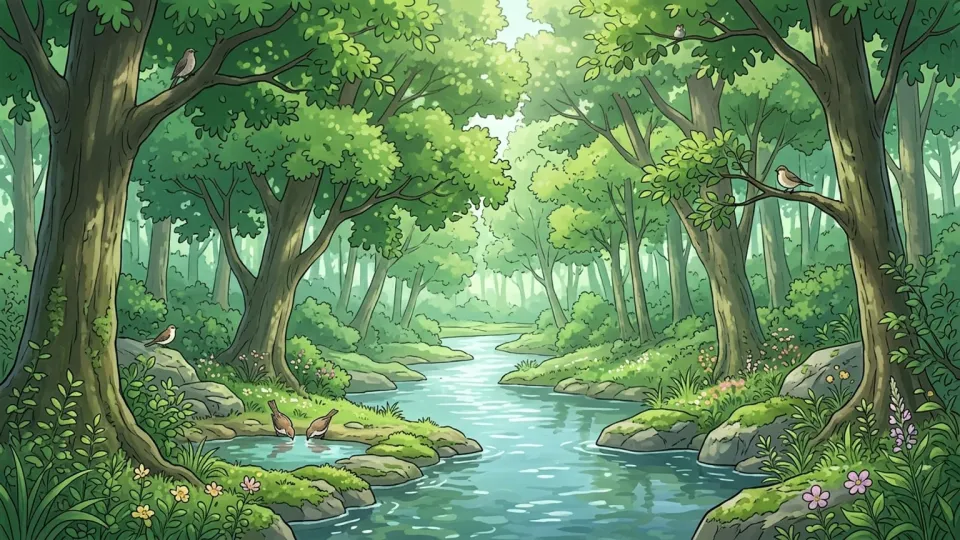 生態系のバランスを保つ自然豊かな森のイラスト
