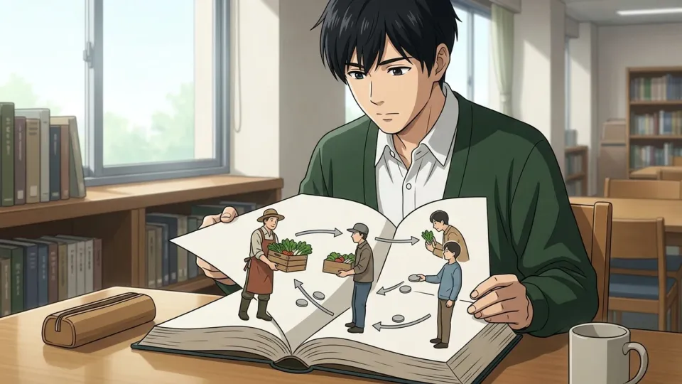 図書館の机で経済学の本を読む男性のイラスト