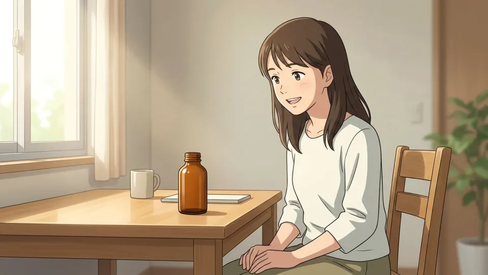 頭痛が治り笑顔の人物と薬の瓶