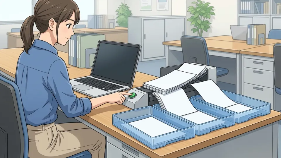オフィスの効率的な作業の様子を示すイラスト