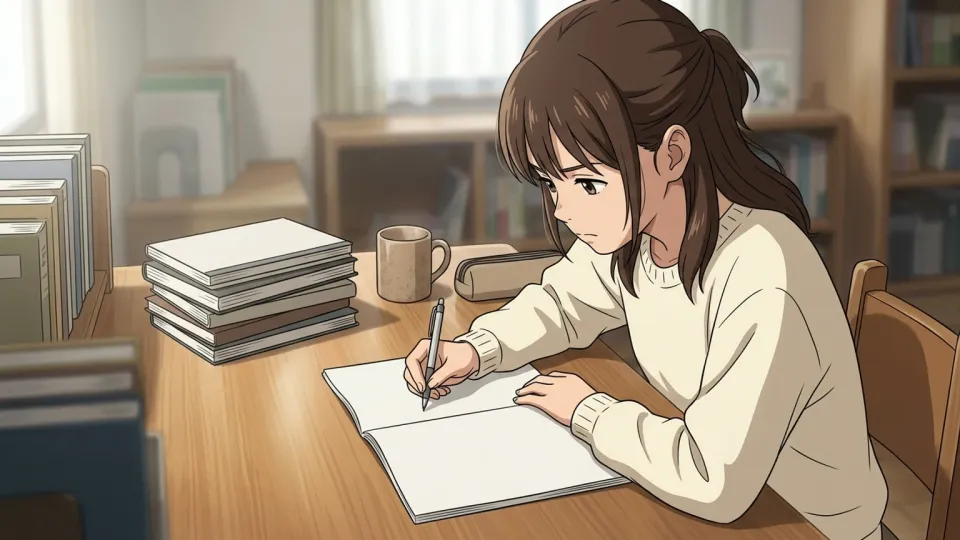 机に向かって熱心に勉強する人の描写