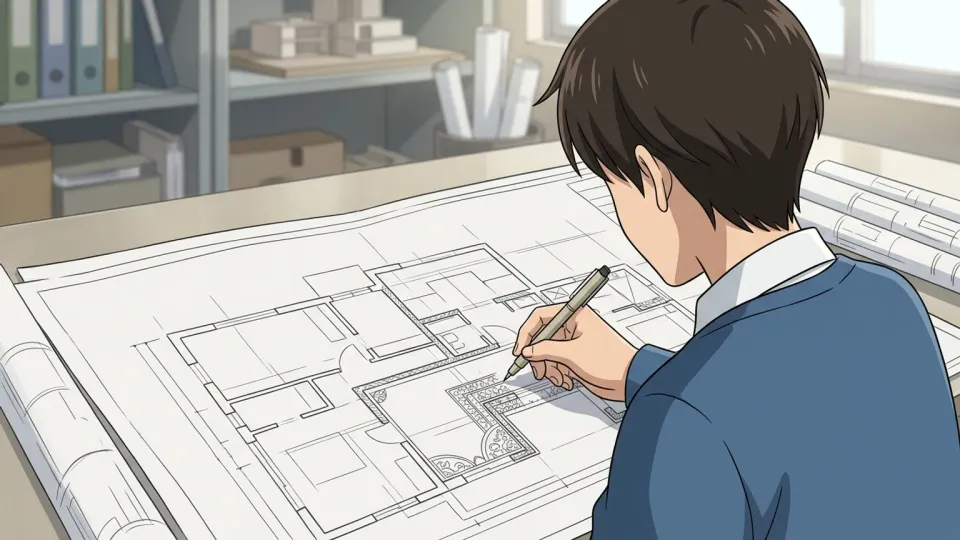 設計図の細部を描き加えている様子