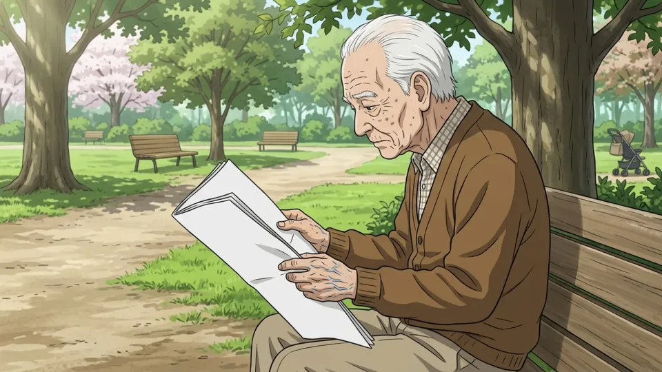 公園のベンチで新聞を読むかなり年配の男性。