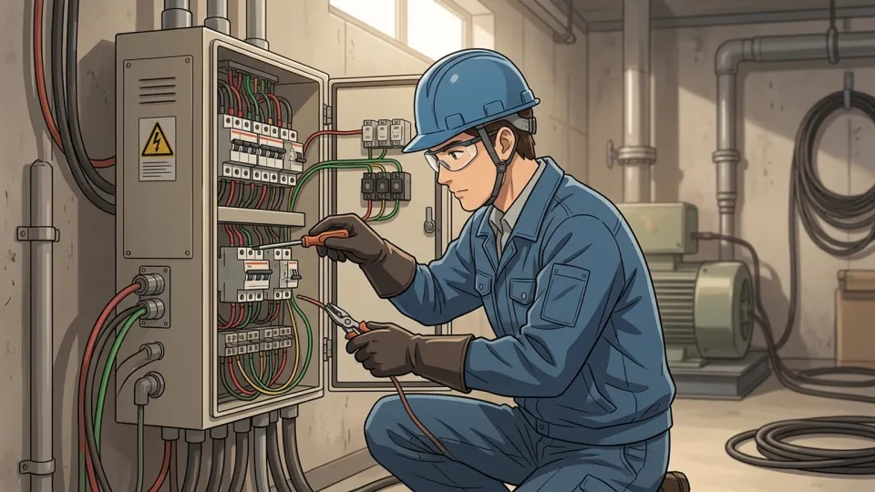 機械室で、訓練を受けた技術者が安全手袋を着けて配電盤につながる電気機器を修理している様子