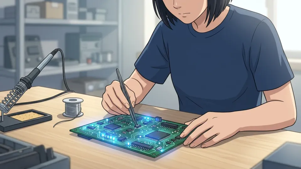 技術者が机で電子回路を組み立てているイラスト
