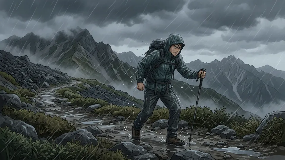 激しい雨風の中を進むハイカー