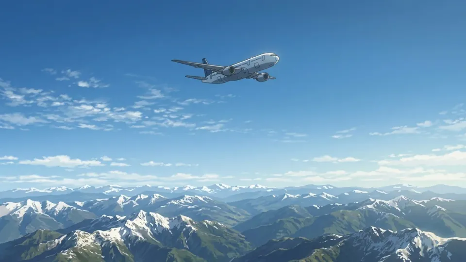 空を飛ぶ飛行機と山々のイラスト