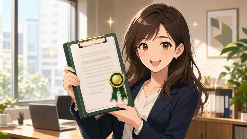 応募条件を満たした女性が、承認された応募書類を笑顔で示している挿絵
