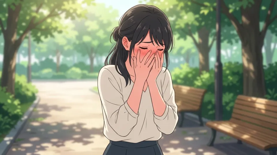 恥ずかしそうに顔を覆う女性
