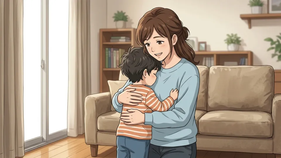 母親が幼い息子を優しく抱きしめている。