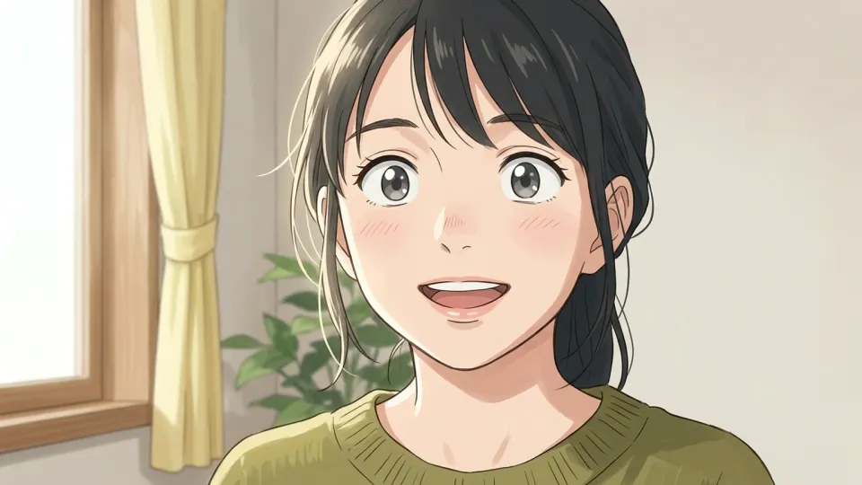 知らせを聞いて驚きと喜びが混ざった表情をする女性