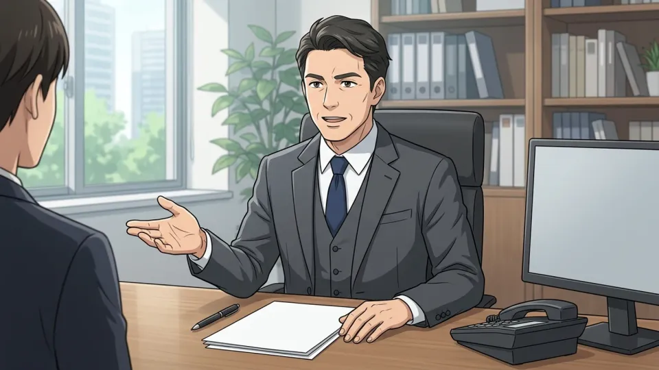 オフィスで求職者に面接を行う雇用主のイラスト