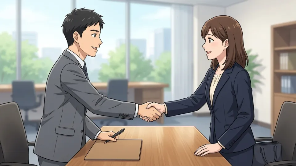 オフィスで握手をする二人の人物