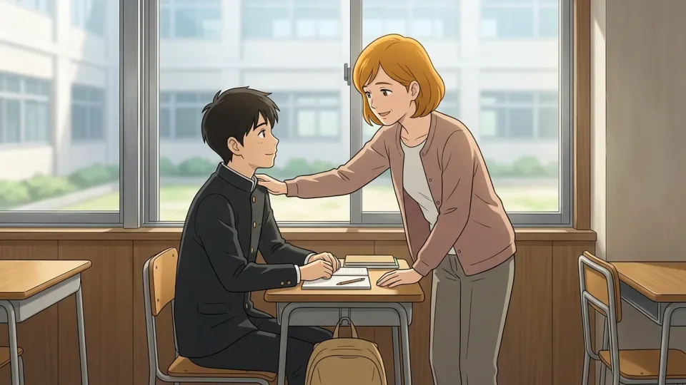 生徒を励ます教師の様子