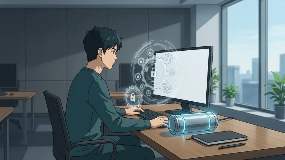 保護されたデータと暗号コードの流れを示すセキュリティのイラスト