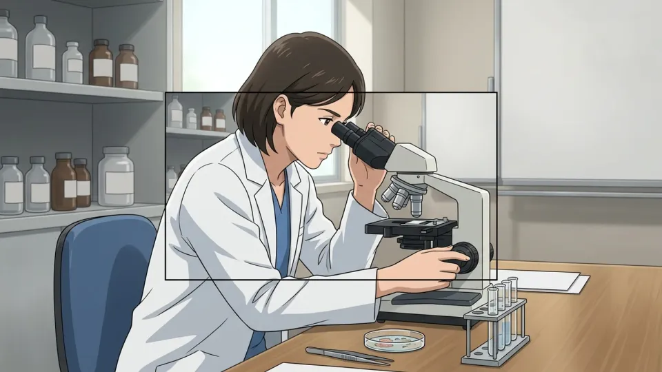 実験室で顕微鏡を使って真剣に研究に取り組む科学者。