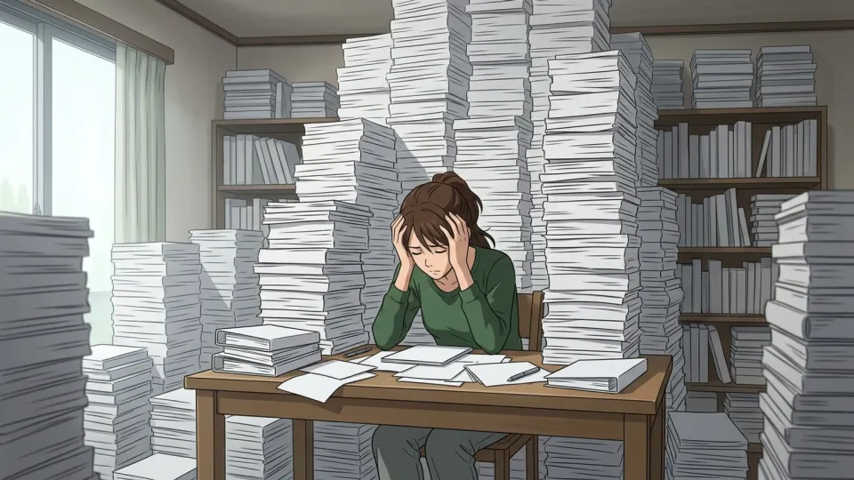 大量の書類を前にして疲れている女性の画像
