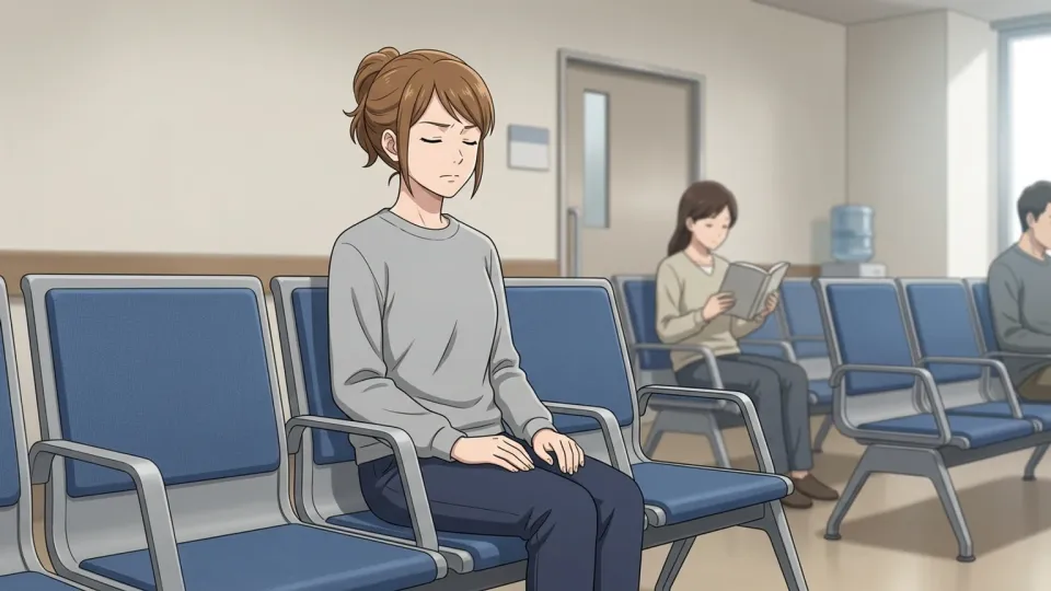 待合室でじっと待ち時間に耐える女性のイラスト