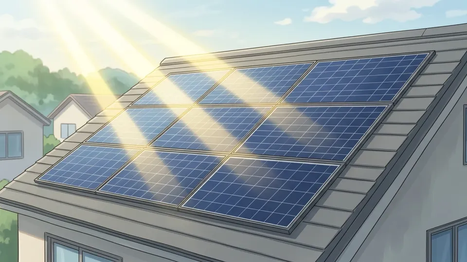 屋根に設置された太陽光パネルが太陽の光を浴びている様子