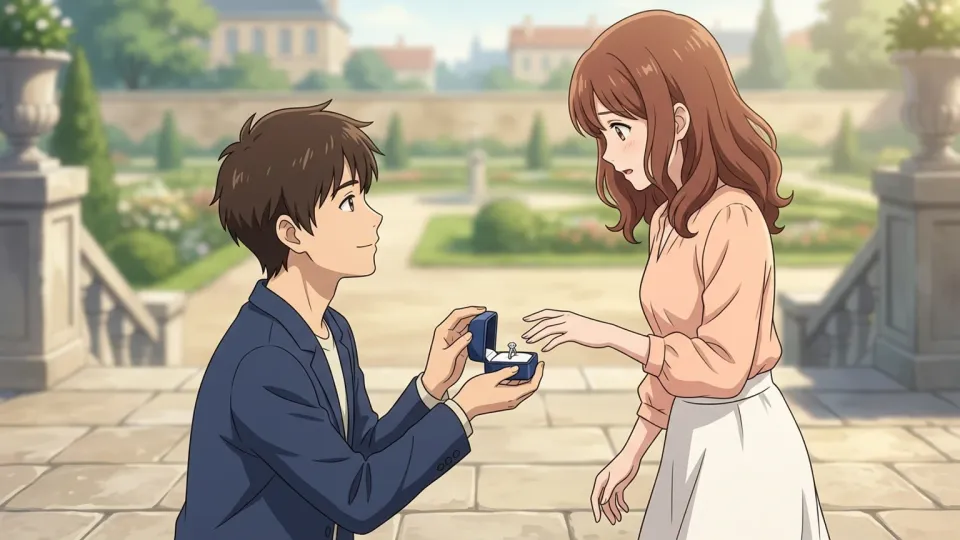 指輪を交わして婚約を喜ぶ男女