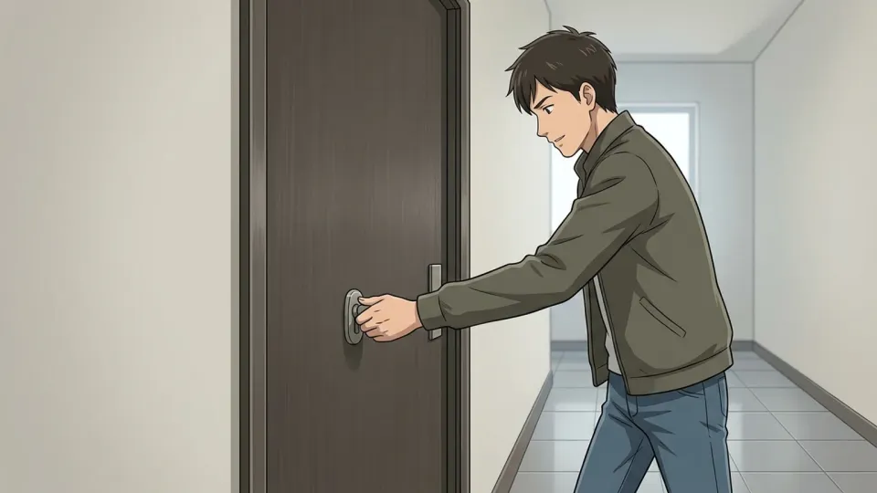 ドアの施錠を確認する男性のイラスト