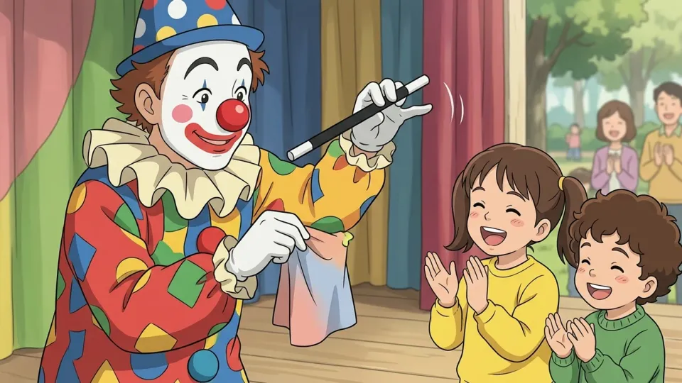 ピエロが子供たちを楽しませている様子