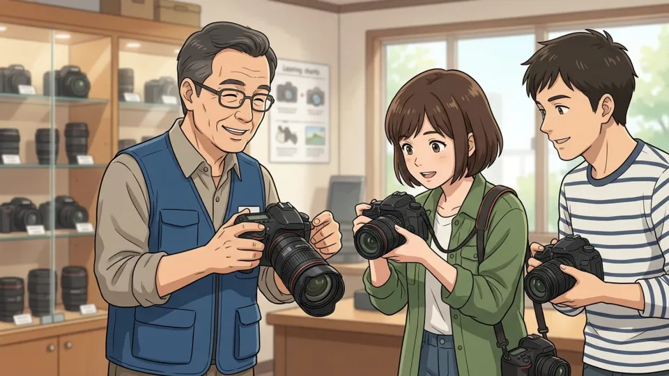 カメラ店の講習会で撮影を学ぶ写真愛好家たち