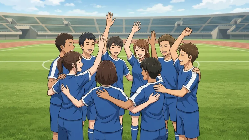 勝利を祝うチーム全体