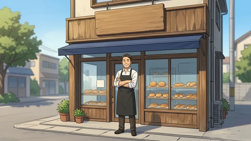 商店の建物の前で誇らしげに立つ店主のイラスト